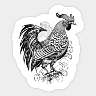 Black and White Rooster Tattoo Style Sticker